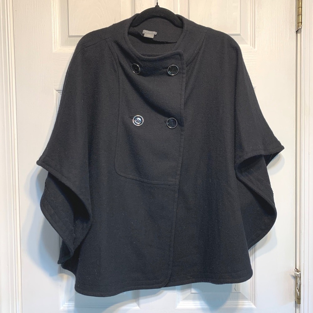 Ann Taylor Wool Cape Coat M/L Double Breasted Funnel Neck Black Old Money Chic